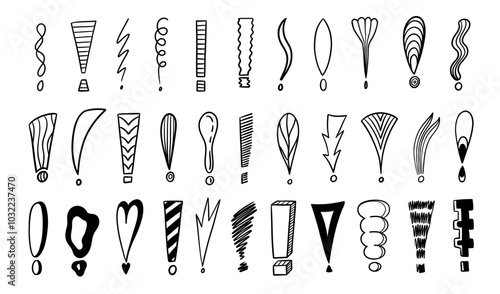 Doodle exclamation mark. Hand drawn punctuation marks and exclamatory symbols, sketch pencil ink scribble notes exclamation icon. Vector isolated set