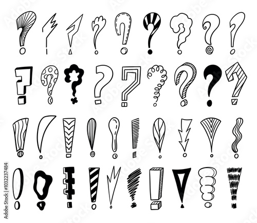 Doodle exclamation and question icons. Cartoon hand drawn punctuation marks and question sign symbols. Vector isolated set.