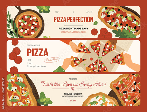 Pizza banners. Flat national italian food ingredients and dishes, national cuisine restaurant menu design with pizza pepperoni tomato. Vector set