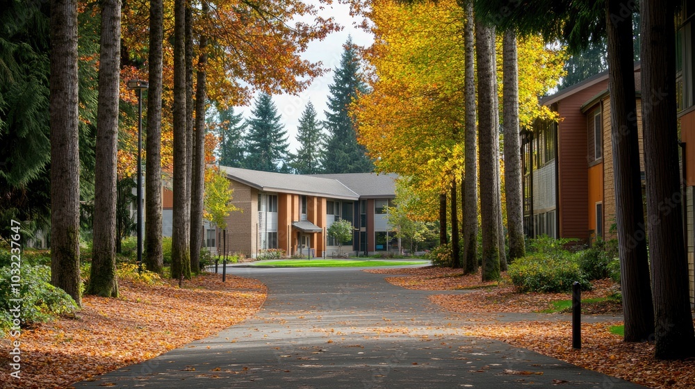 Naklejka premium Serene Autumn Pathway in a Residential Area