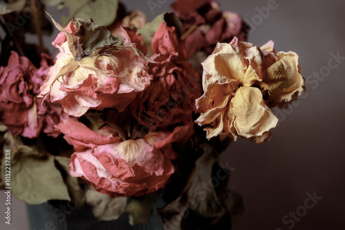 Dried flowers in a glass vase. Concept of dry skin, mental health problems, emotional burnout, dehydration. Lack of clean water and the environmental consequences of global warming. photo