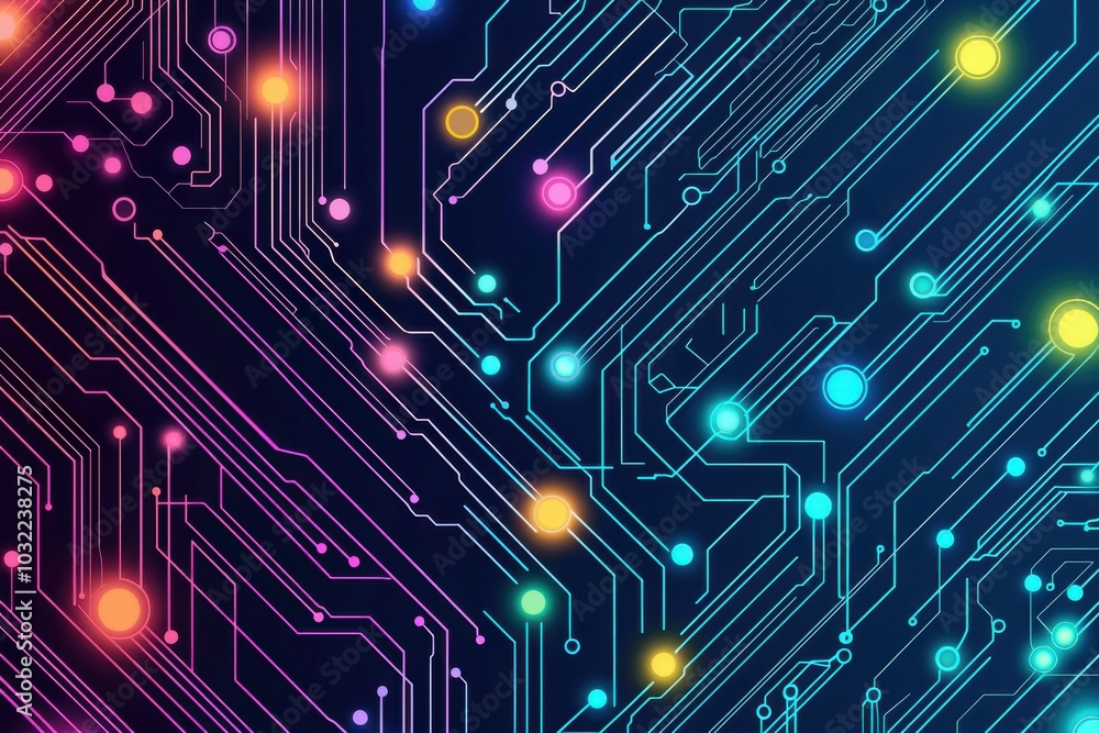 Obraz premium A vibrant abstract design featuring circuit patterns and colorful lights, representing technology and digital innovation.