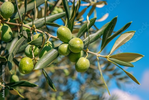 Close up of green olive fruits and leaves growing on a tree branch in an orchard photo