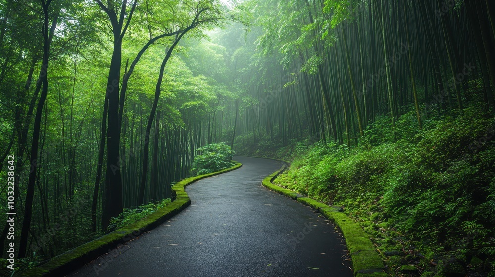 Obraz premium A winding road leads through a dense bamboo forest, shrouded in mist and surrounded by lush greenery