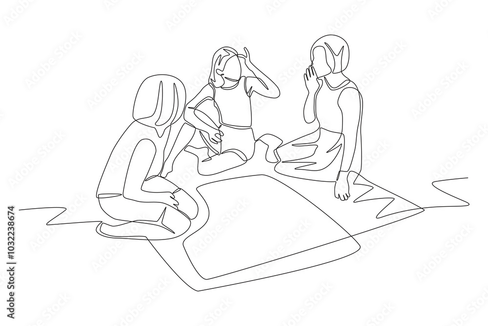Three friends gossiping at a picnic. Picnic gathering concept one-line drawing Three friends gossiping at a picnic. Picnic gathering concept one-line drawing