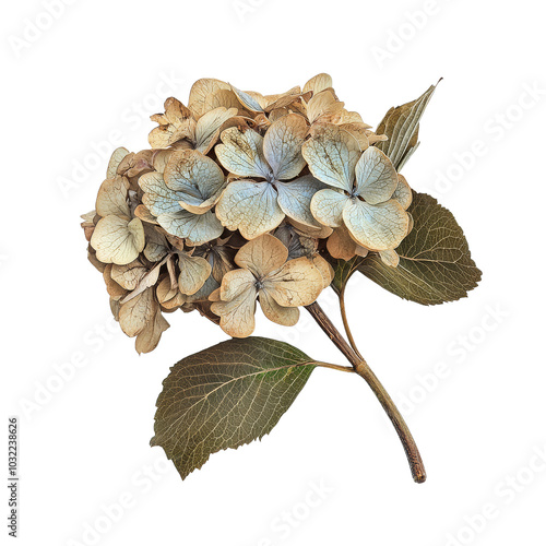 Dried Hydrangea Flower on Green Background.