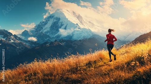 Cross-country running by a woman to reach a high-altitude mountain summit