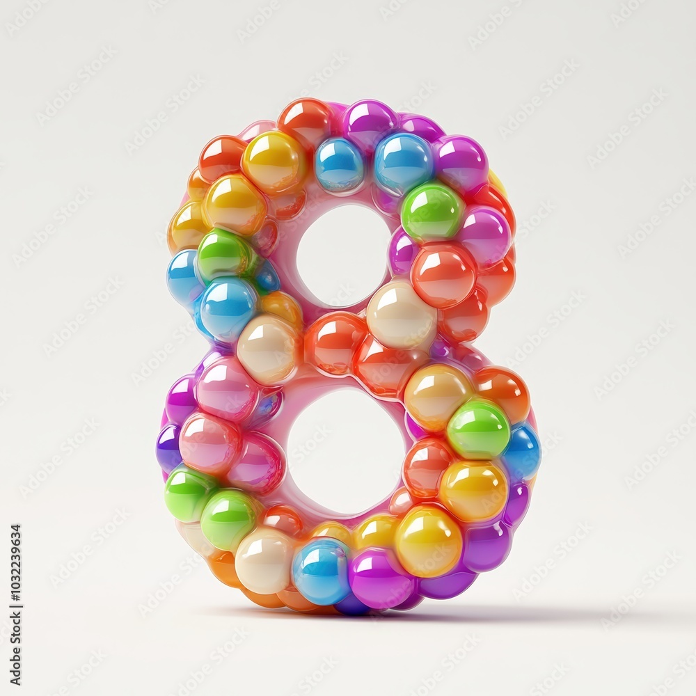 3D number 8 with skittles candy texture realistic modern design, soft lighting, white background 3D number 8 with skittles candy texture realistic modern design, soft lighting, white background