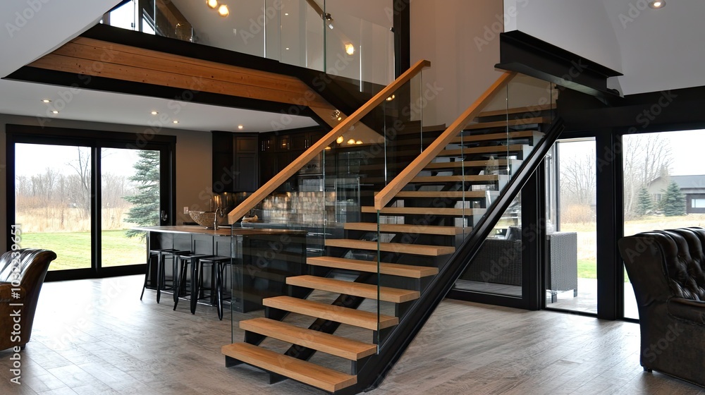 Obraz premium Modern Home Interior with Stylish Staircase and Open Space