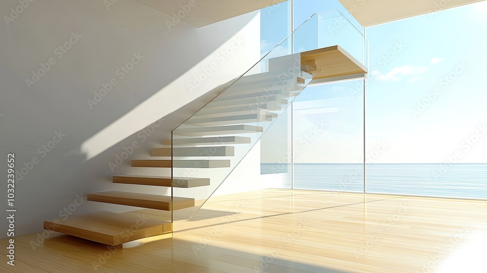 Obraz premium Modern Glass Staircase with Ocean View