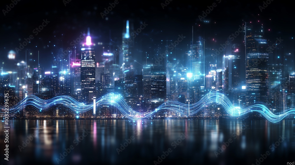Fototapeta premium Futuristic cityscape with glowing neon lights and reflections on water, showcasing modern technology and urban innovation at night.