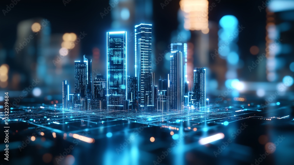 Futuristic cityscape with glowing skyscrapers and digital interface, representing innovation and advanced technology. Futuristic cityscape with glowing skyscrapers and digital interface, representing innovation and advanced technology.