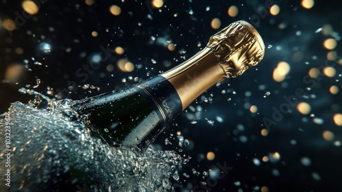 Sparkling Champagne Bottle with Water Splash Effect