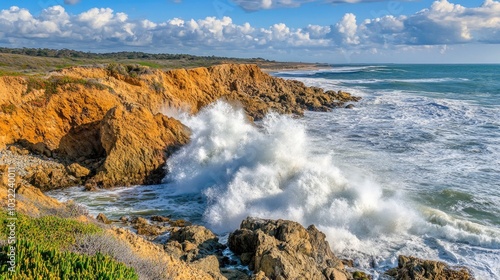 Scenic Coastal Waves Crashing on Rocky Shoreline