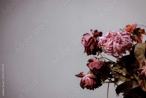 Dried flowers in a glass vase. Concept of dry skin, mental health problems, emotional burnout, dehydration. Lack of clean water and the environmental consequences of global warming. photo