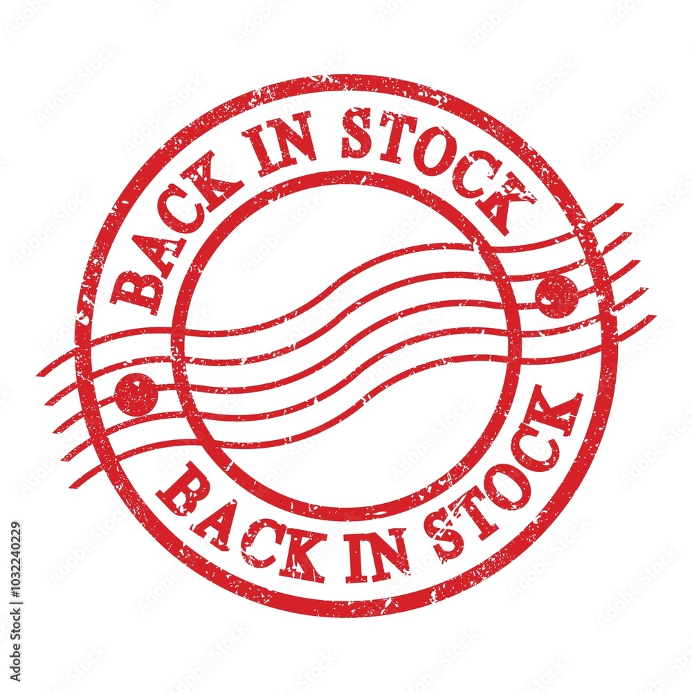 BACK IN STOCK, text written on red postal stamp. BACK IN STOCK, text written on red postal stamp.