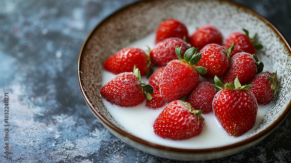 Fresh strawberries drizzled with condensed milk vibrance Fresh strawberries drizzled with condensed milk vibrance