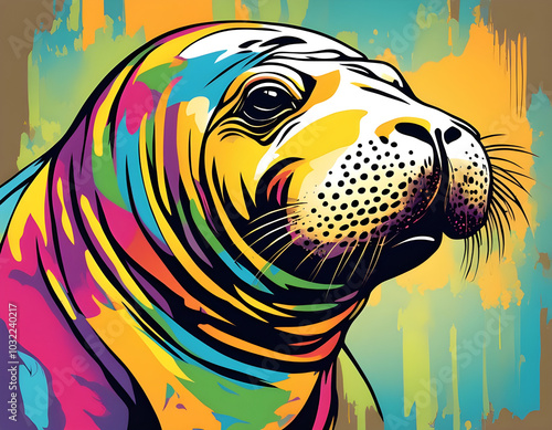 colorful elephant seal head  with cool isolated pop art style background photo