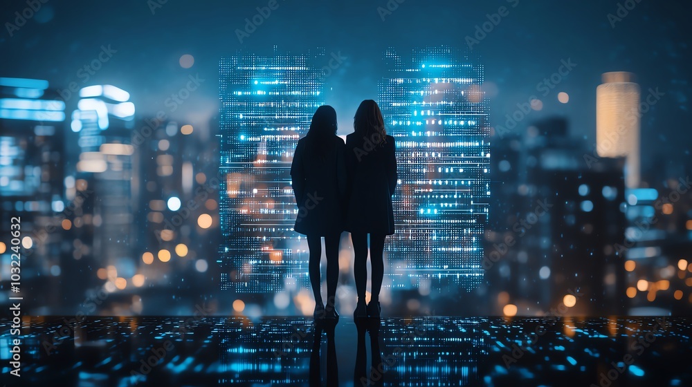 Silhouetted figures against a cityscape backdrop, illuminated by vibrant urban lights at night, capturing the essence of modern life and technology. Silhouetted figures against a cityscape backdrop, illuminated by vibrant urban lights at night, capturing the essence of modern life and technology.