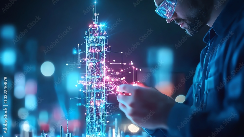 Technician works with futuristic digital interface, holographic technology, and circuit design in a modern laboratory setting. Technician works with futuristic digital interface, holographic technology, and circuit design in a modern laboratory setting.