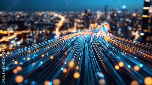 Vibrant cityscape with glowing fiber optic cables symbolizing fast internet and digital connectivity in an urban environment at night.