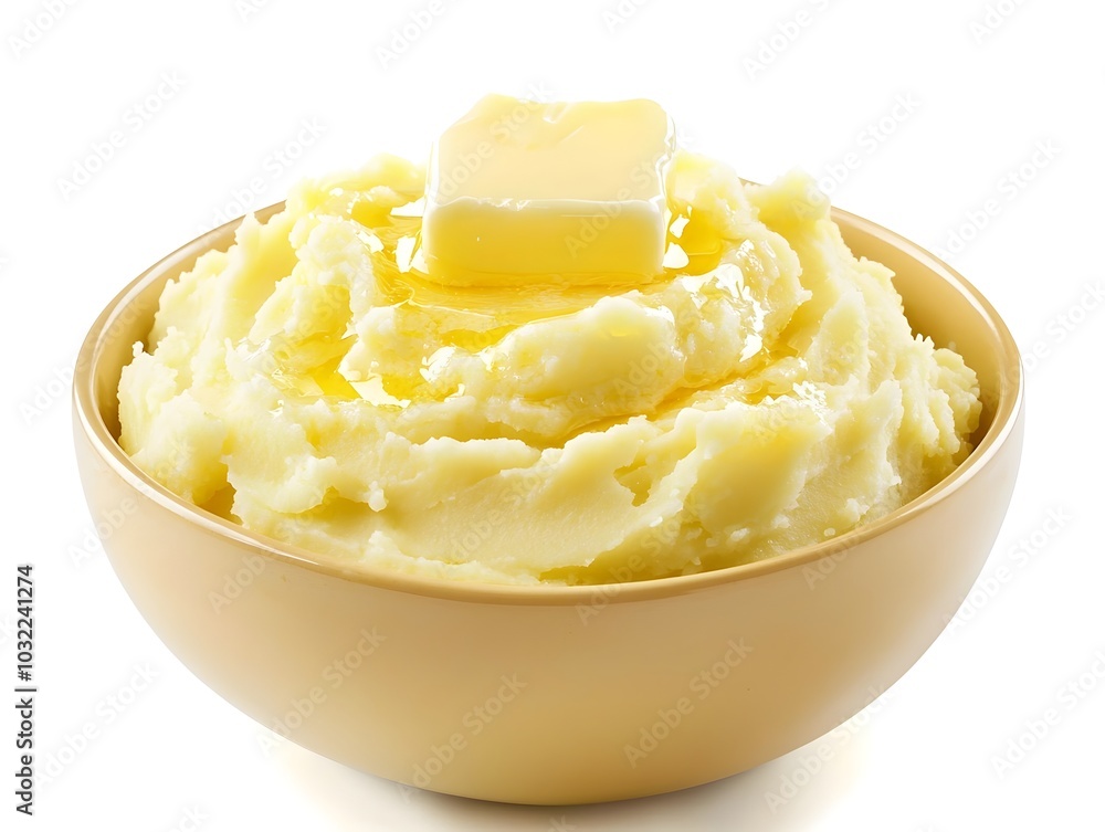 Creamy Mashed Potatoes with Melting Butter in a Bowl on White Background Creamy Mashed Potatoes with Melting Butter in a Bowl on White Background