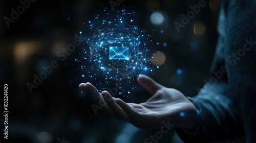 Businessman holding virtual email icon with hologram interface and data flow in hand on dark background, digital technology concept for online e mailbox mail social media internet marketing.