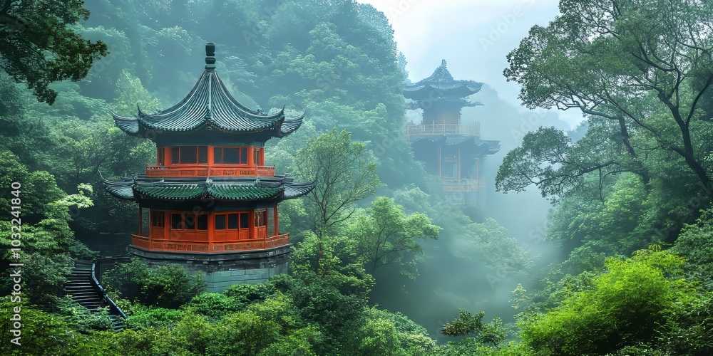 Serenity of the Ancient Temple: A Peaceful Forest in Fantasy China, Generative AI Serenity of the Ancient Temple: A Peaceful Forest in Fantasy China, Generative AI
