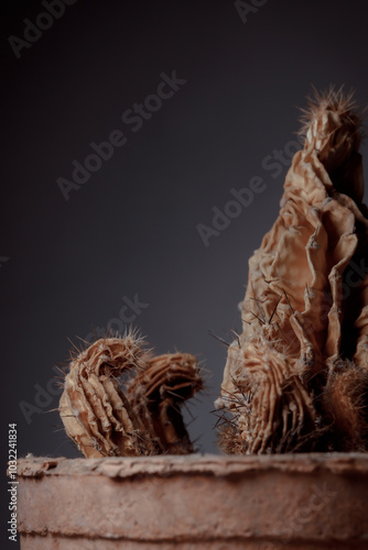 Dried cactus in a clay pot. Concept of dry skin, mental health problems, emotional burnout, dehydration. Lack of clean water and the environmental consequences of global warming. photo