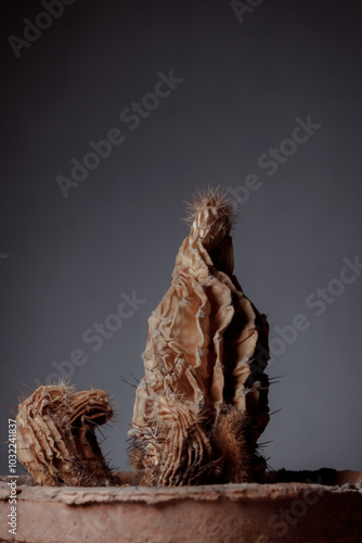 Dried cactus in a clay pot. Concept of dry skin, mental health problems, emotional burnout, dehydration. Lack of clean water and the environmental consequences of global warming. photo