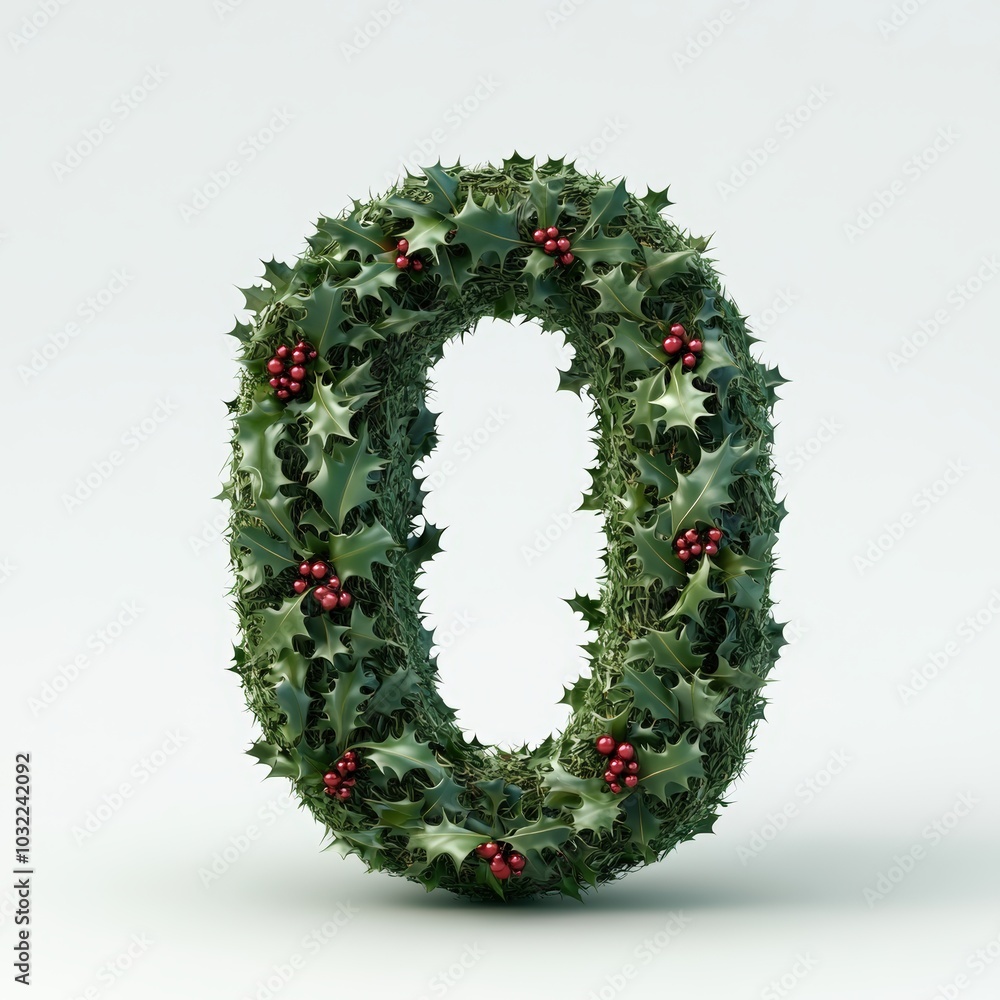 3D number 0 with holly leaves realistic modern design, soft lighting, white background 3D number 0 with holly leaves realistic modern design, soft lighting, white background
