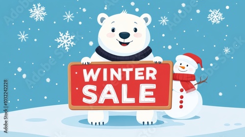 Winter sale promotional poster banner design with snowman.