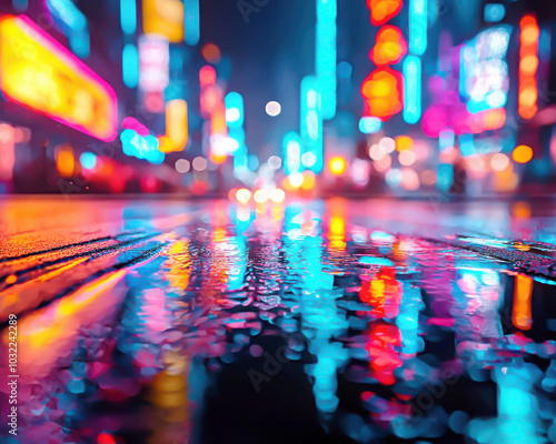 Vibrant city lights reflecting on wet pavement at night. photo