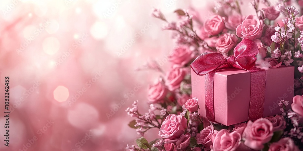 Banner poster valentine day with a gift box and a bouquet of roses with copy space, Generative AI Banner poster valentine day with a gift box and a bouquet of roses with copy space, Generative AI