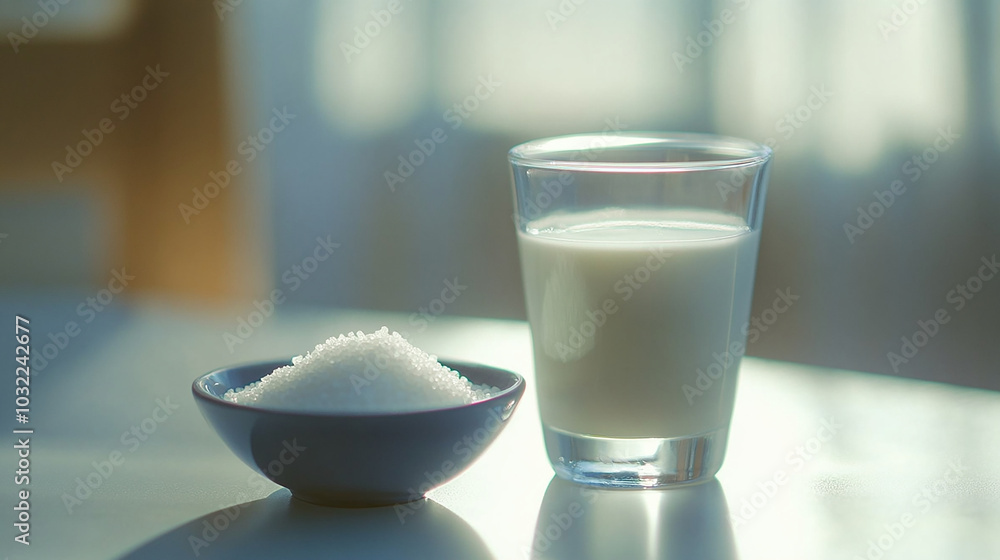 Glass of milk with a bowl of sugar simple and clean