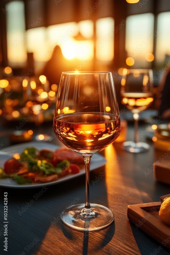 Elegant wine glass illuminated by sunset, with delicious food in background. Elegant wine glass illuminated by sunset, with delicious food in background.