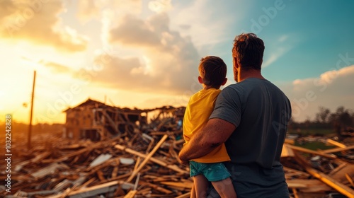 Father and son observe destruction, reflecting on loss and resilience in an impactful landscape. photo