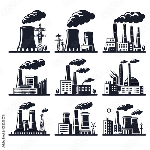 Power plant chimneys with smoke. icon set