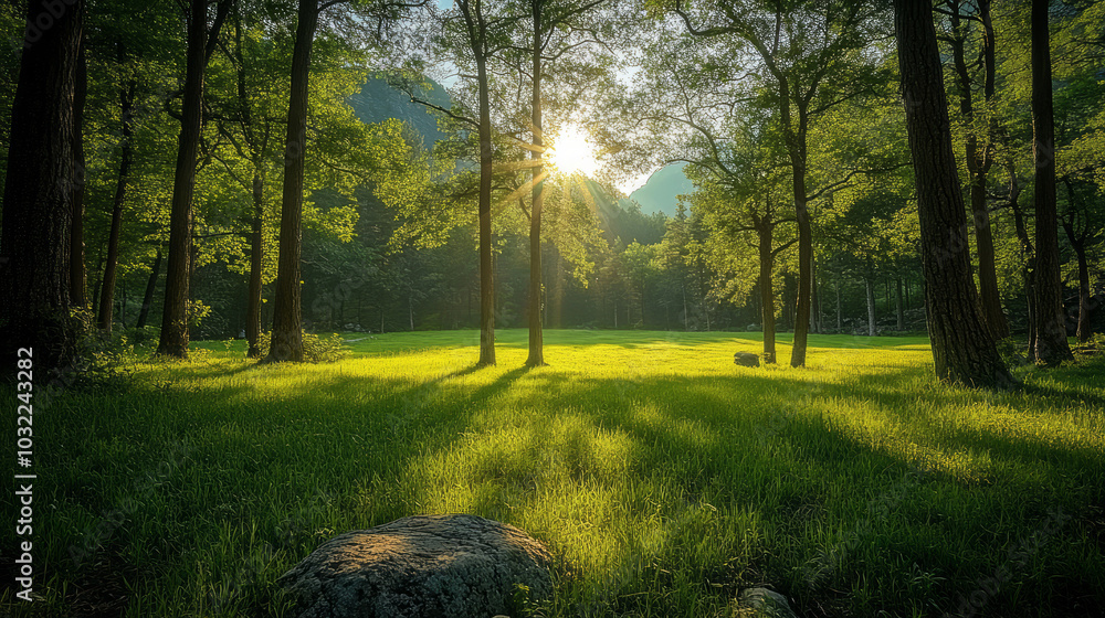 Fototapeta premium The early morning sun filtered through the leaves into the trees and lawns