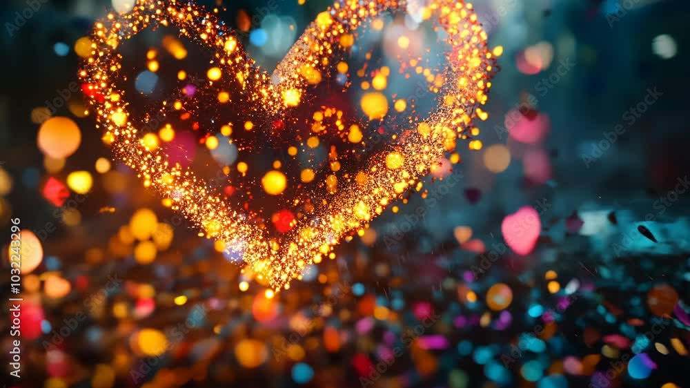 A glowing heart made of confetti floats against a background of blurred lights A glowing heart made of confetti floats against a background of blurred lights