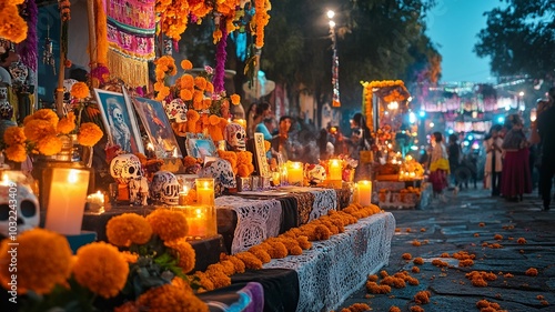 A vibrant Day of the Dead scene in Mexico, featuring traditional altars, colorful sugar skulls, marigolds, and candles in a festive atmosphere