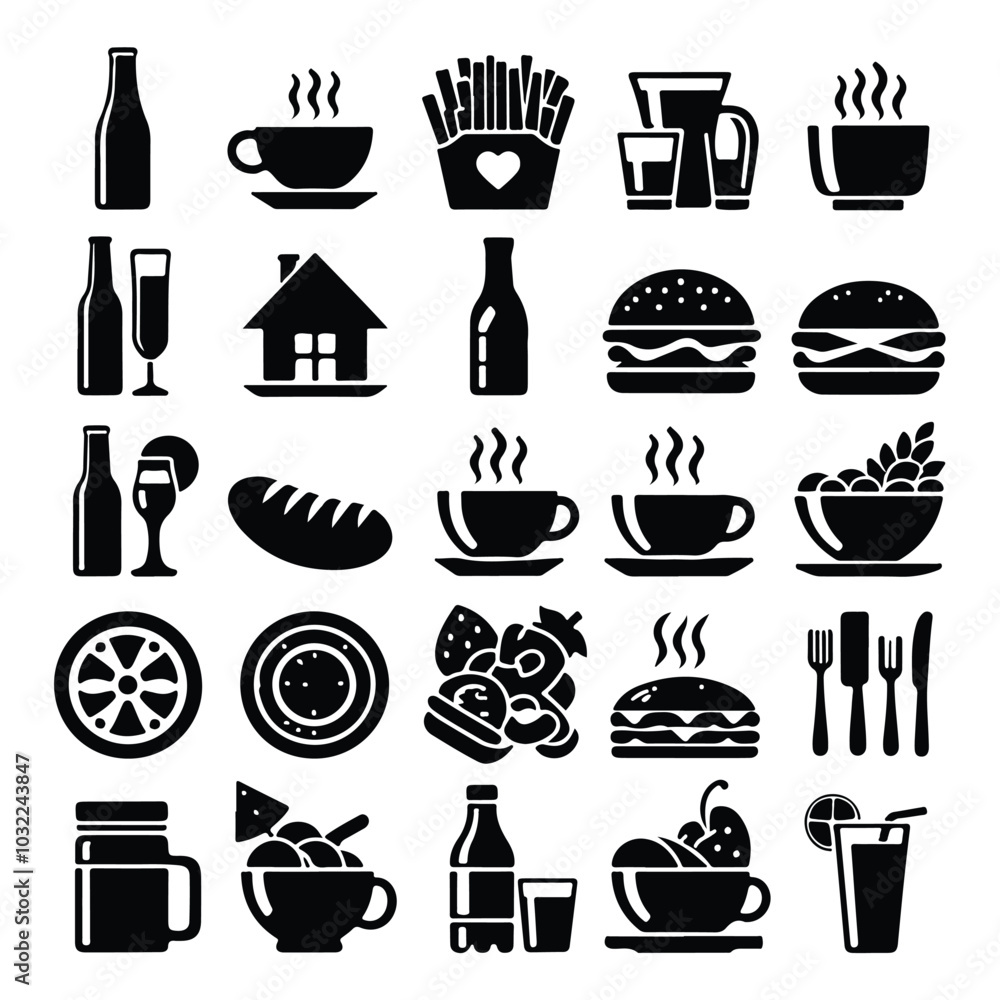 silhouette Food and drinks vector set icon on white background silhouette Food and drinks vector set icon on white background