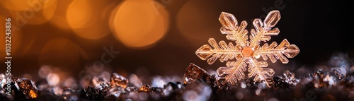 Christmas Background, Intricate snowflake on a sparkling surface, with warm, blurred background lights.