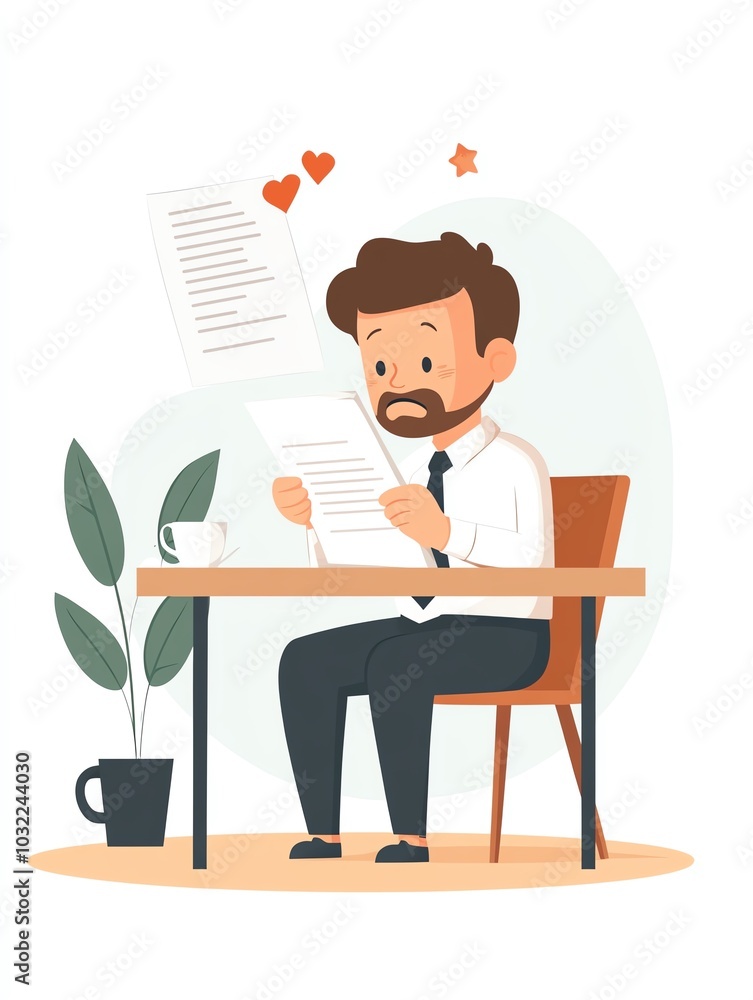 Animated businessman pondering at desk with documents, plant, and coffee cup. Animated businessman pondering at desk with documents, plant, and coffee cup.