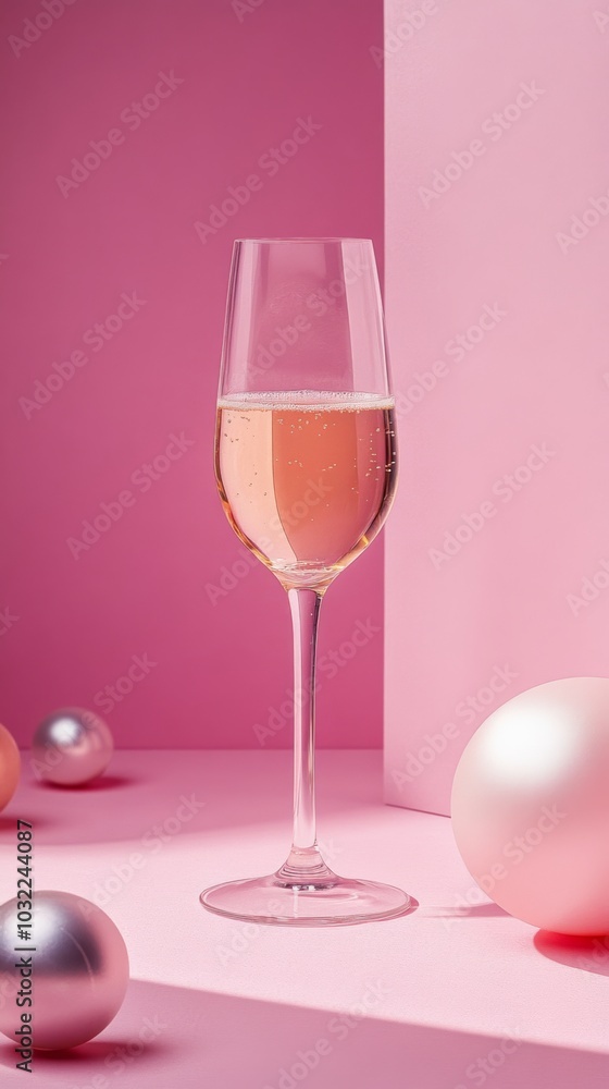 A glass of champagne surrounded by shiny balls with a pastel pink background. A simple and elegant New Year theme. A glass of champagne surrounded by shiny balls with a pastel pink background. A simple and elegant New Year theme.