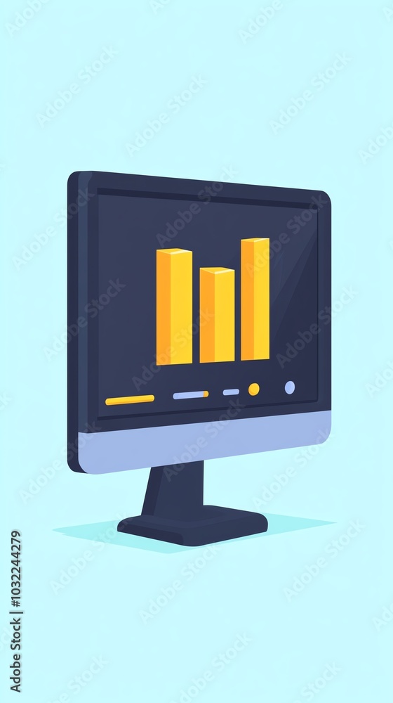 Computer monitor displaying bar graph, blue background, digital analytics visualization. Computer monitor displaying bar graph, blue background, digital analytics visualization.