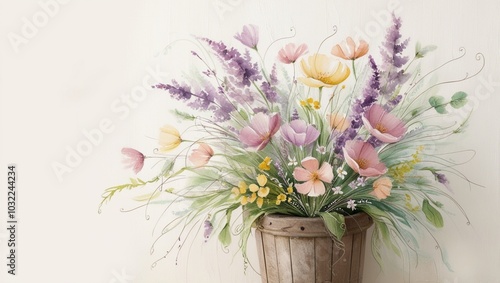 A vase filled with pastel-colored flowers, including lavender, poppies, and cosmos. Soft, light colors.