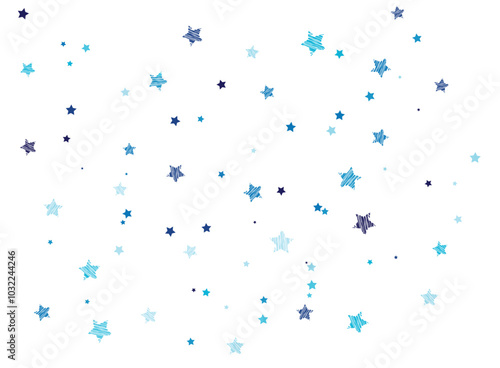 Vector stars glow. Various stars in cool blue shades fly away on a clean white background, creating a feeling of lightness and freshness. Each star adds dynamics and airiness.