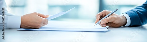 Two people signing a document at a desk, focus on hands and pens, close-up. photo