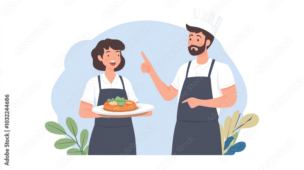 Two chefs discussing over prepared dish, wearing aprons on white background. Two chefs discussing over prepared dish, wearing aprons on white background.
